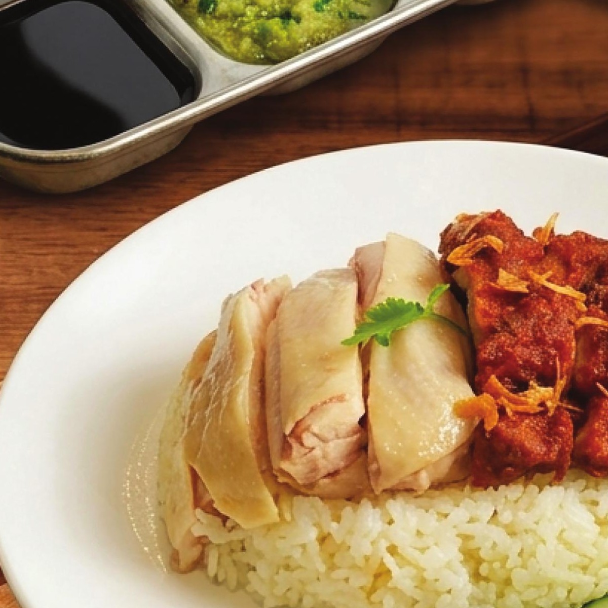555 signature poached and crispy chicken rice